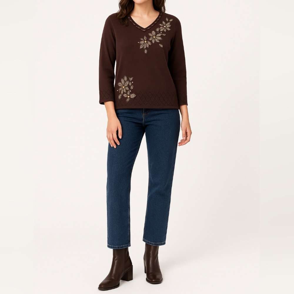 ALFRED DUNNER Embellished Knit Sweater | PM | Brown Floral Appliqué | Cozy Fall